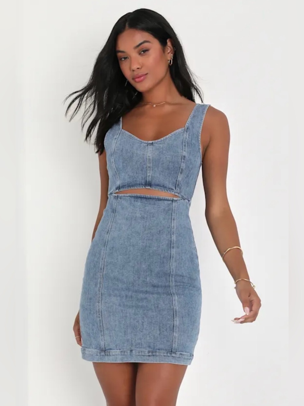 Charming edge light blue denim cutout mini dress, Lulus